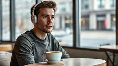 Kulaklık takmış, Almanca podcast dinleyen kişi. En iyi Almanca podcast'ler ile dilini geliştir.