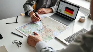 Almanya'ya gitmeden önce erken planlama yapan kişi, elinde pasaport ve masada Almanya haritasıyla.