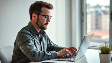 Almanya'da online iş başvurusu rehberi: Bir kişi laptop başında iş ararken, ipuçları ve dikkat noktaları.