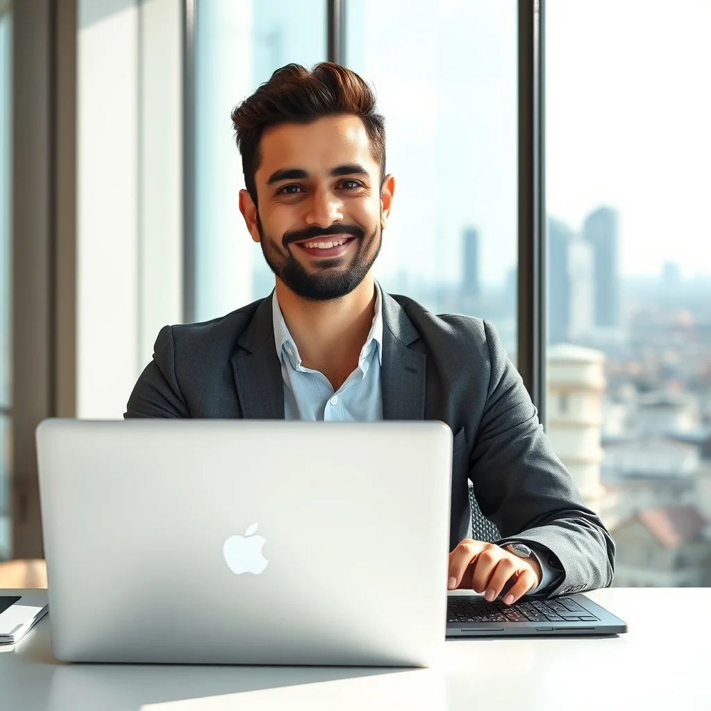 Laptop önündeki genç profesyonel, Almanya'da online iş arama platformları üzerinden kariyer fırsatlarını inceliyor.
