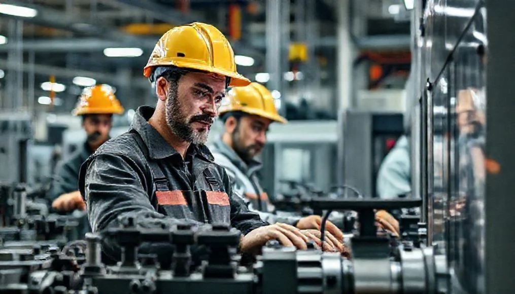 Almanya metal sektöründeki Türk işçilerin modern bir fabrikadaki çalışma koşullarını gösteren görsel.