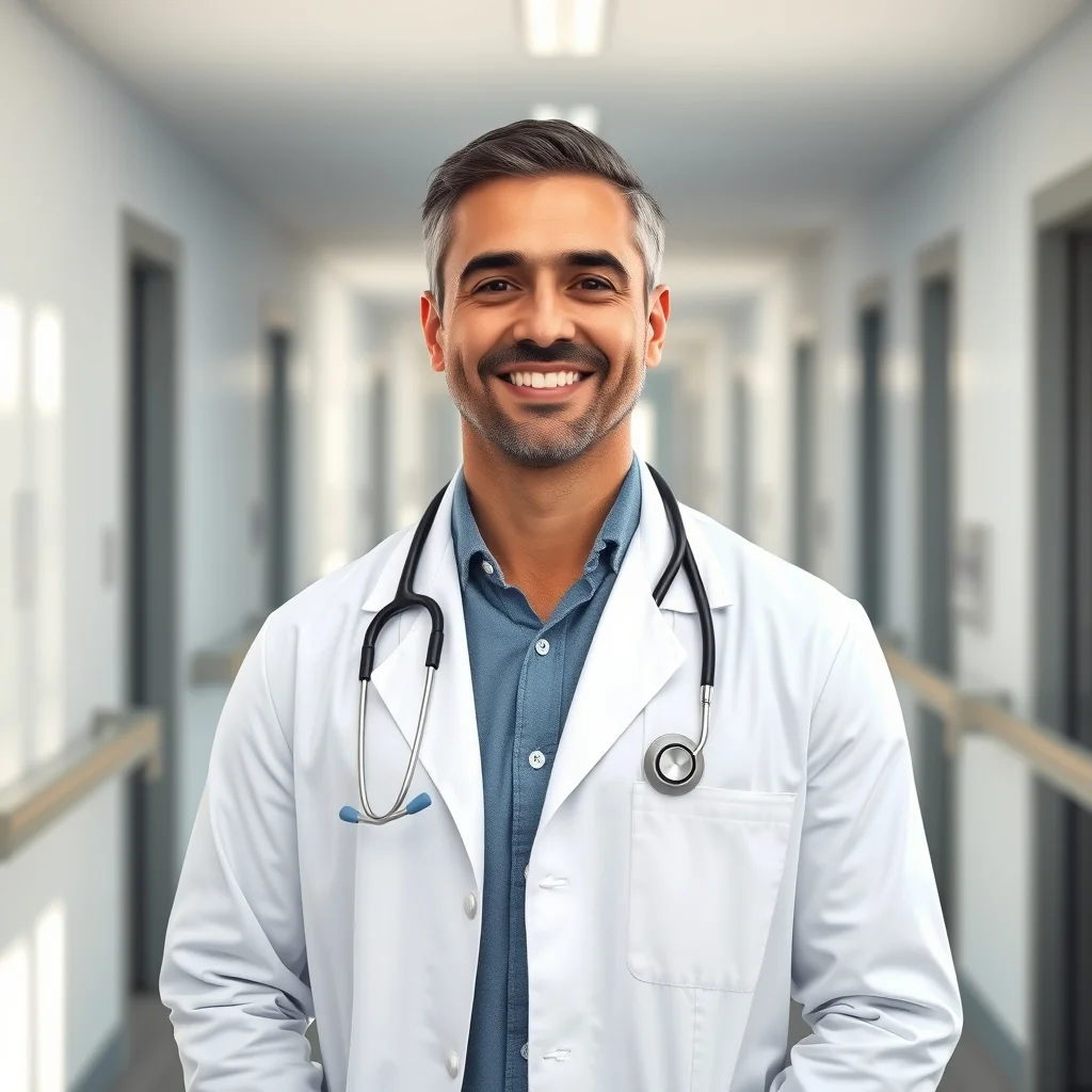 Modern bir Almanya hastanesinde stetoskopuyla gülümseyen, hayallerini gerçekleştiren Türk doktorun portresi.