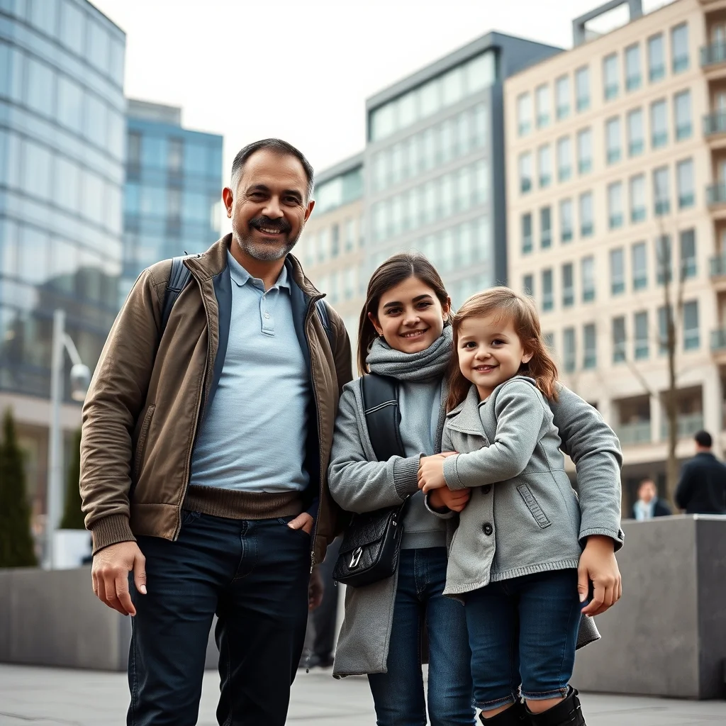 Almanya'da şehir manzarasında yan yana duran, aile birlikteliğiyle başarıya ulaşan mutlu bir aile.