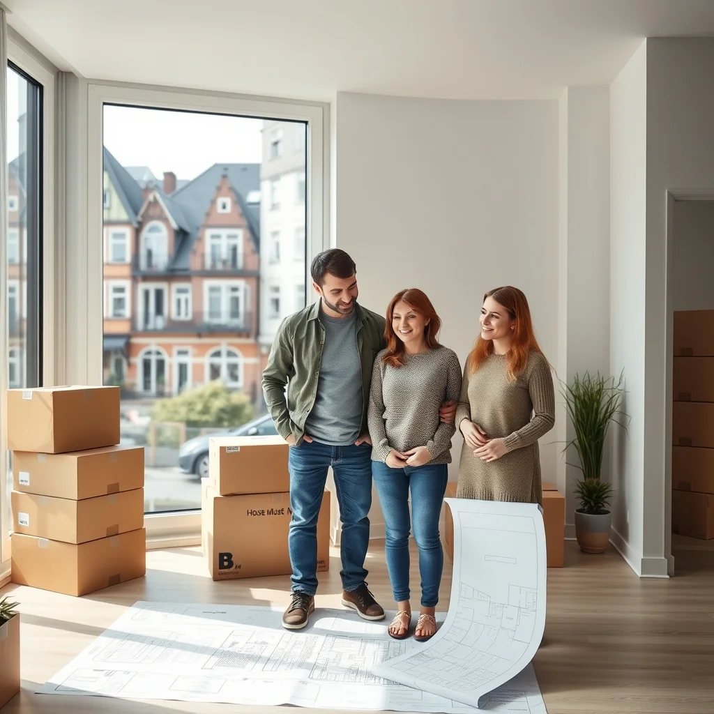 Ailece Almanya'ya taşınırken kiralık ev arama sürecinde ellerinde anahtarla gülümseyen anne, baba ve çocuk.