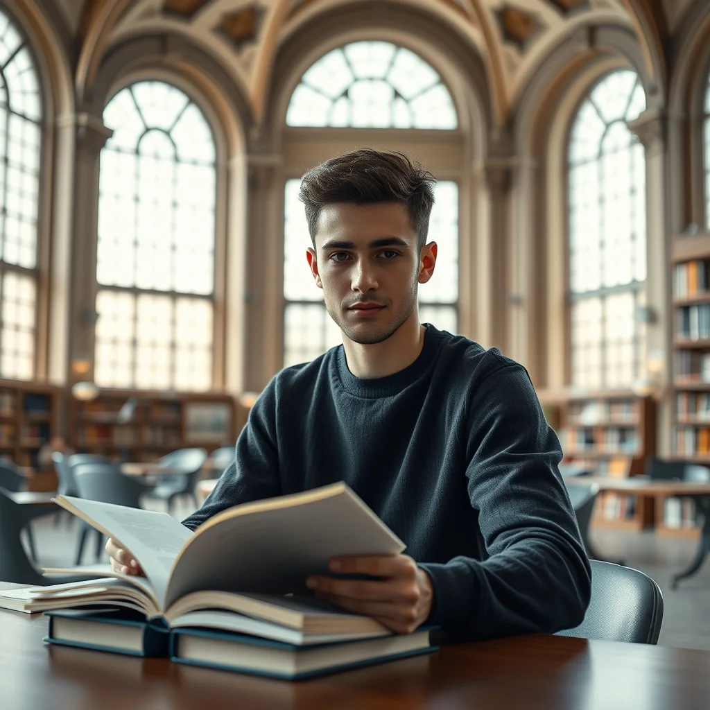 Kütüphanede akademik Almanca kaynaklarını inceleyen genç öğrenci, Almanya'da üniversite eğitimi için çalışıyor.