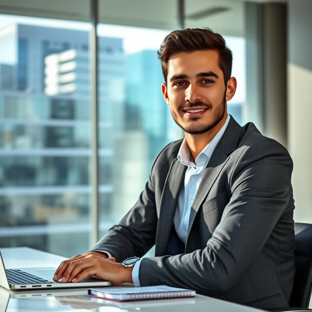 Masasında Almanca öğrenen genç bir profesyonel ve aralanan kariyer kapısını simgeleyen modern bir ofis.