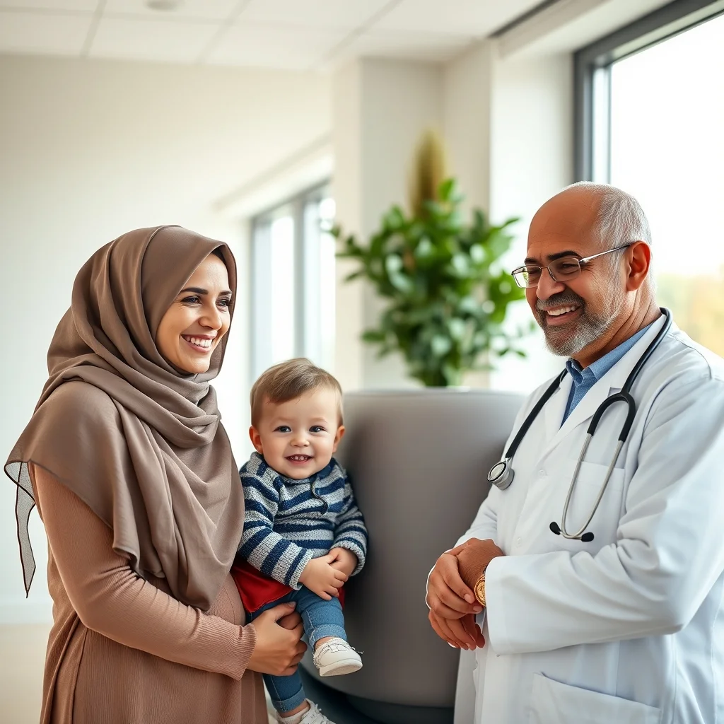 Modern bir klinikte doktor muayenesindeki mutlu çocuk ve ailesi, Almanya'da aile sağlığı sürecini simgeliyor.