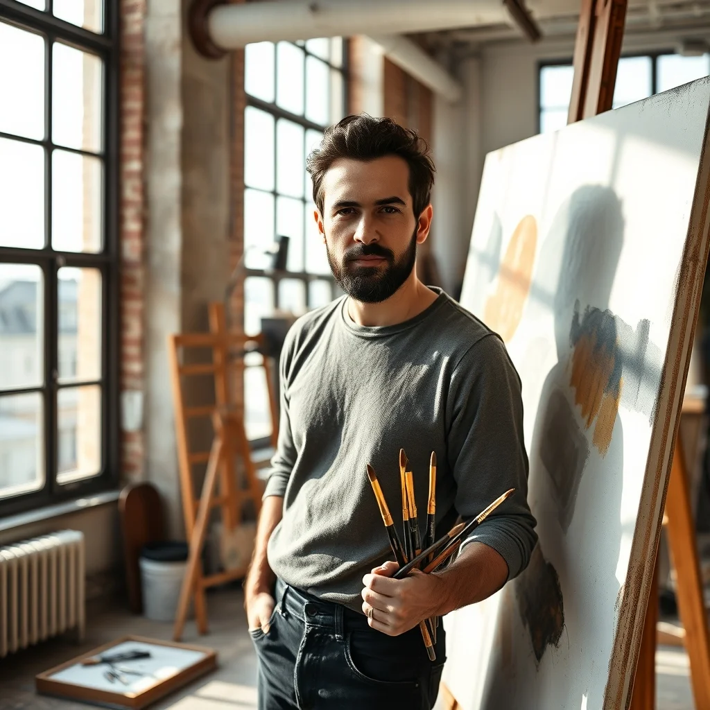 Almanya'da tarihi bir atölyede tuvaline renkler çizen ve ilham dolu bir sanatçı ruhunu yansıtan ressam.