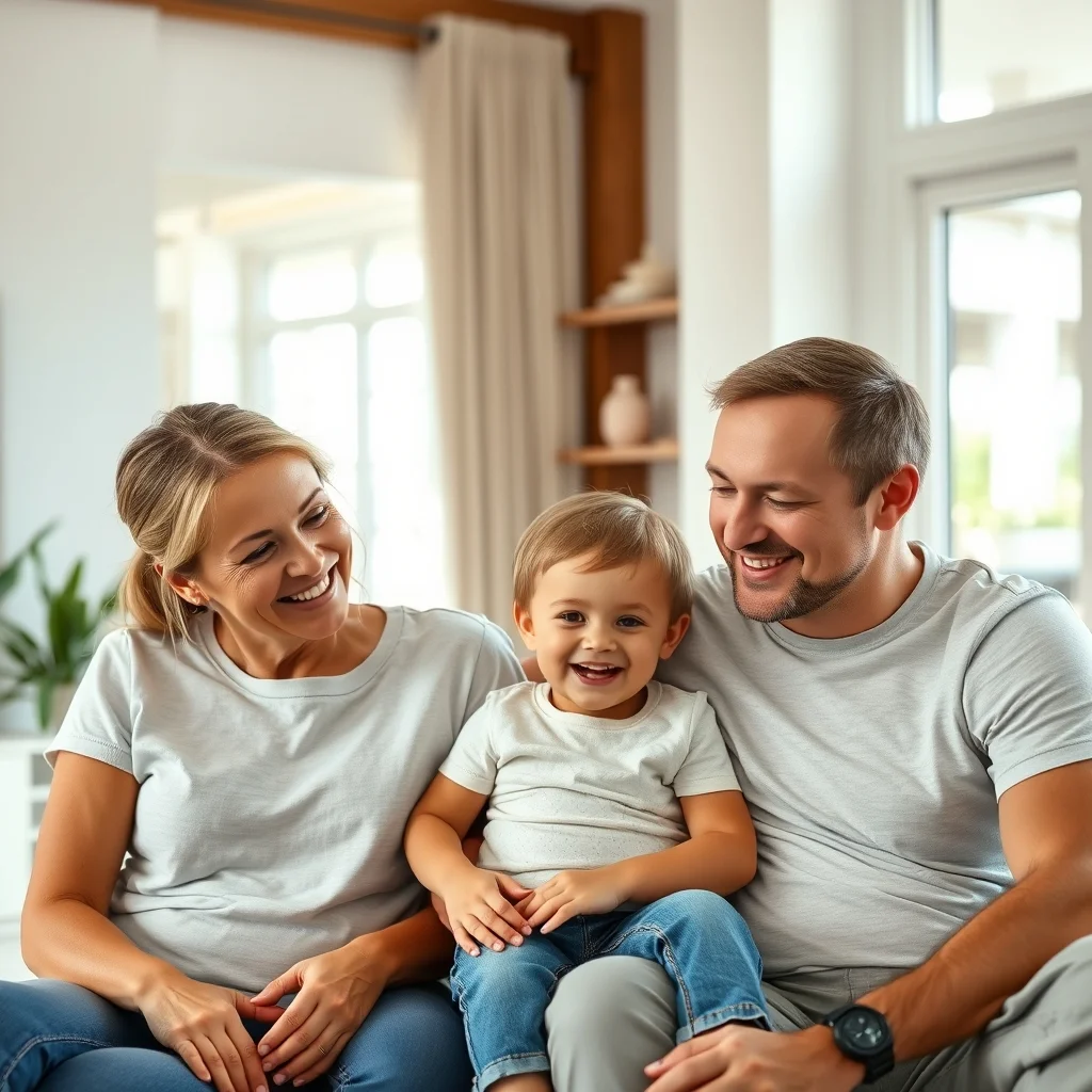 Almanya'da mutlu bir aile, çocuk parası ve devlet yardımları başvuru formlarını incelerken gülümsüyor.