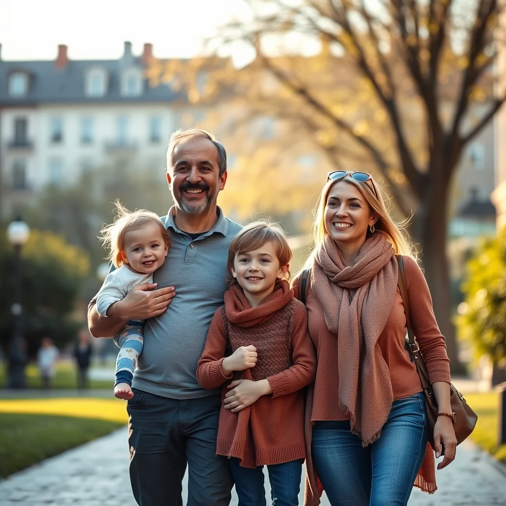 Bir parkta el ele yürüyen mutlu aile, çocuklarınızla Almanya'da yeni bir başlangıç yapmanın heyecanını simgeliyor.