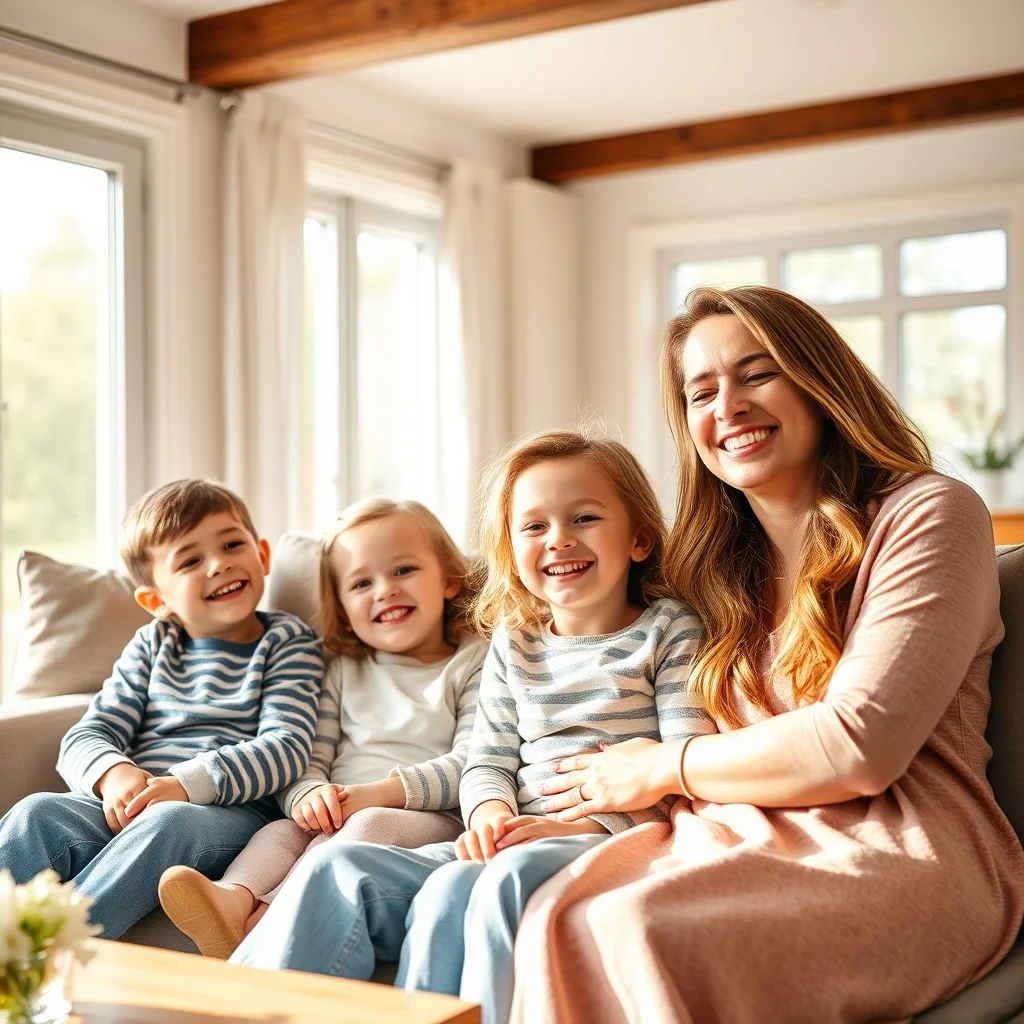 Modern bir evde çocuklarıyla gülümseyen anne ve baba, sosyal güvenlik sistemi içinde aile refahını simgeliyor.