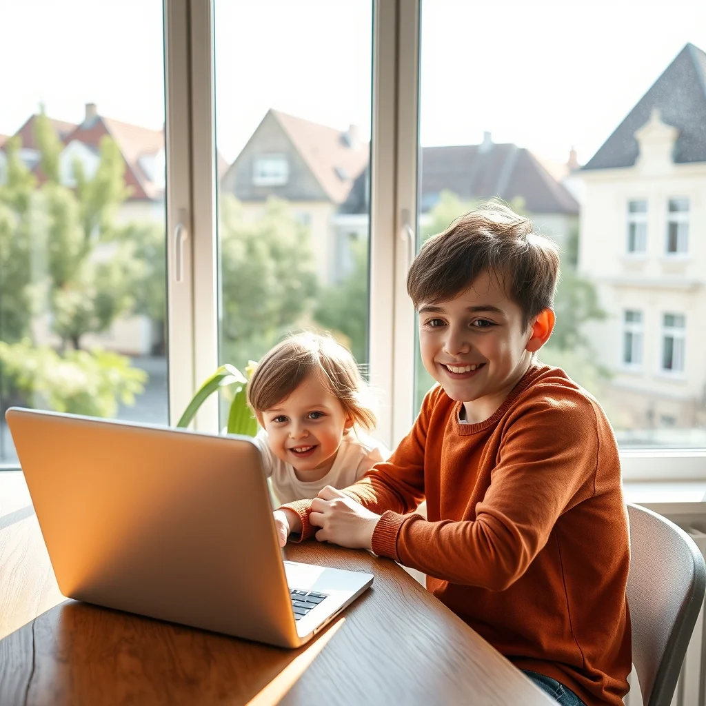 Modern bir evde laptopla çalışan ve çocuğuyla ilgilenen anne, Almanya'daki aile yaşamını dengeleme sürecini gösteriyor.