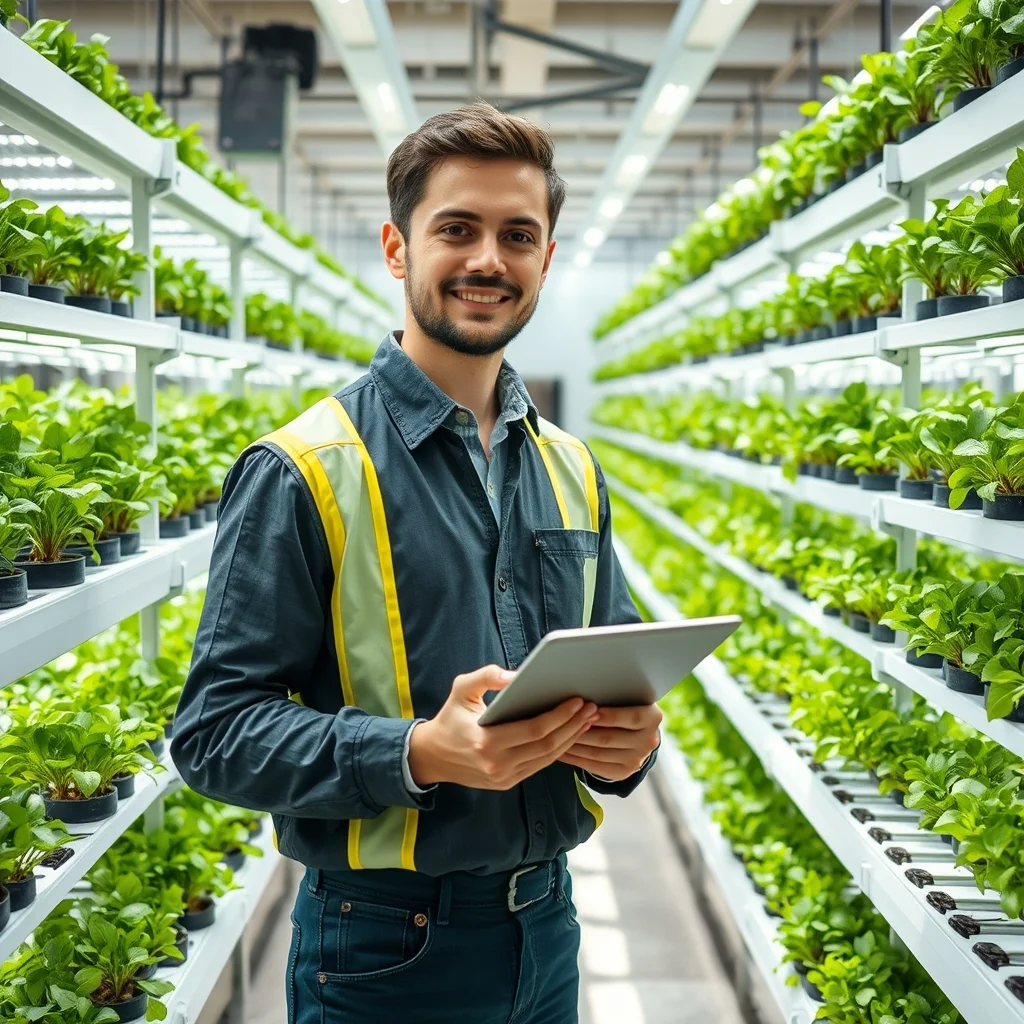 Modern serada tabletle ürünleri inceleyen çiftçi, Almanya'da gıda ve tarım sektöründeki yenilikleri simgeliyor.