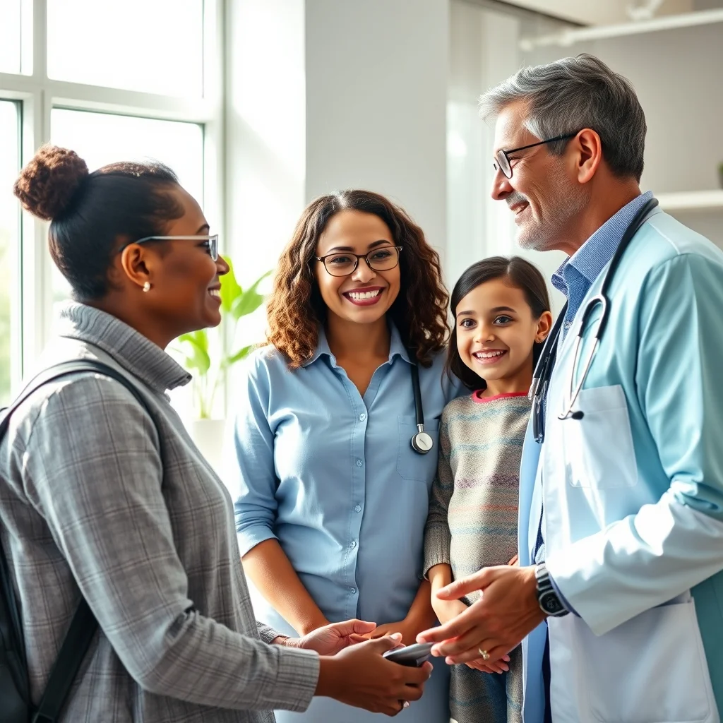 Almanya'da bir klinikte doktorla görüşen göçmen aile, sağlık hizmetleri hakkında bilgi alıyor.