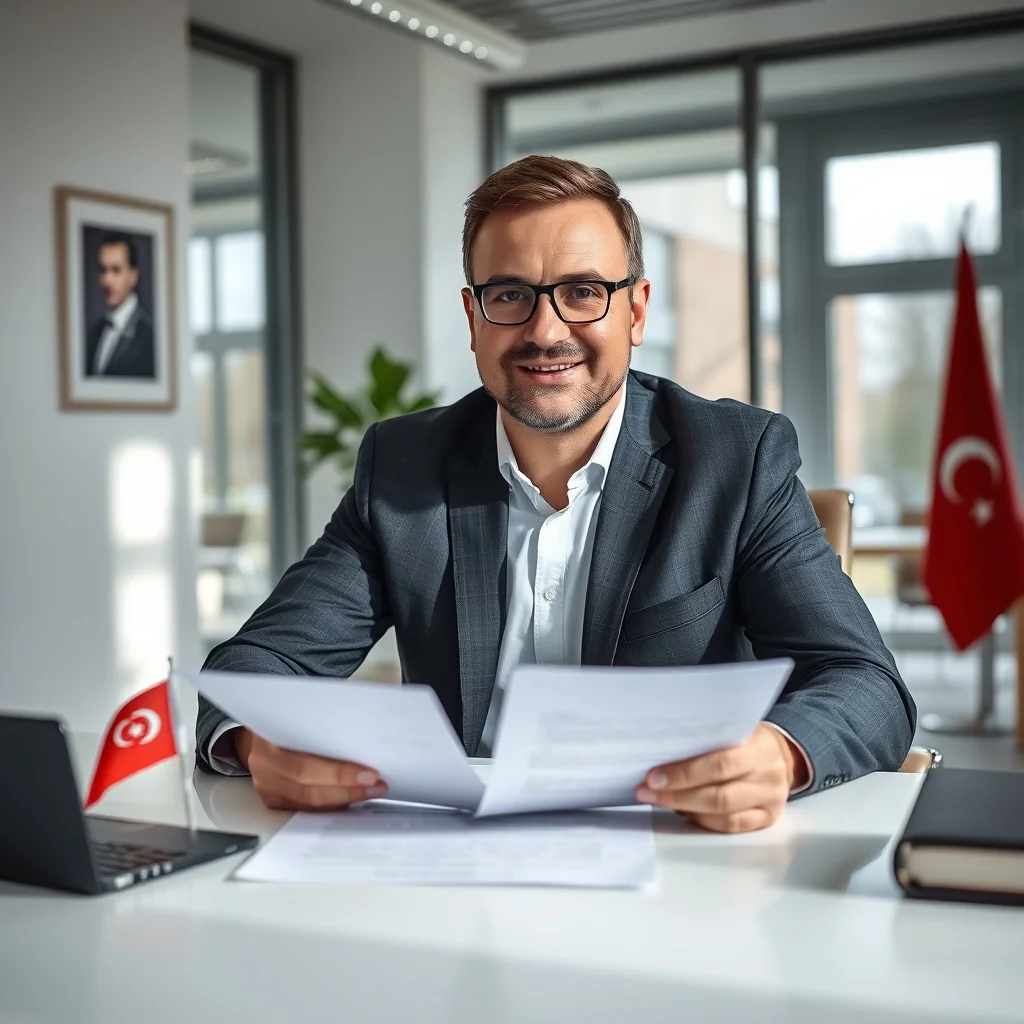 Masa başında Türk pasaportu ve resmi evrakları imzalayan kişi, Almanya konsolosluğundan vekaletname alma işlemini simgeler.