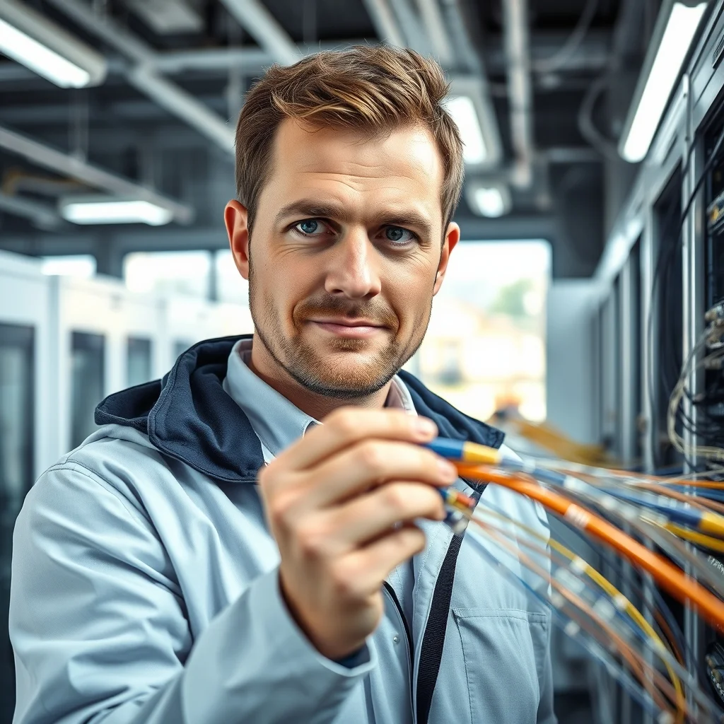 Almanya telekomünikasyon sektörü için fiber kablo ve 5G ağlarını inceleyen dijital mühendis görseli.