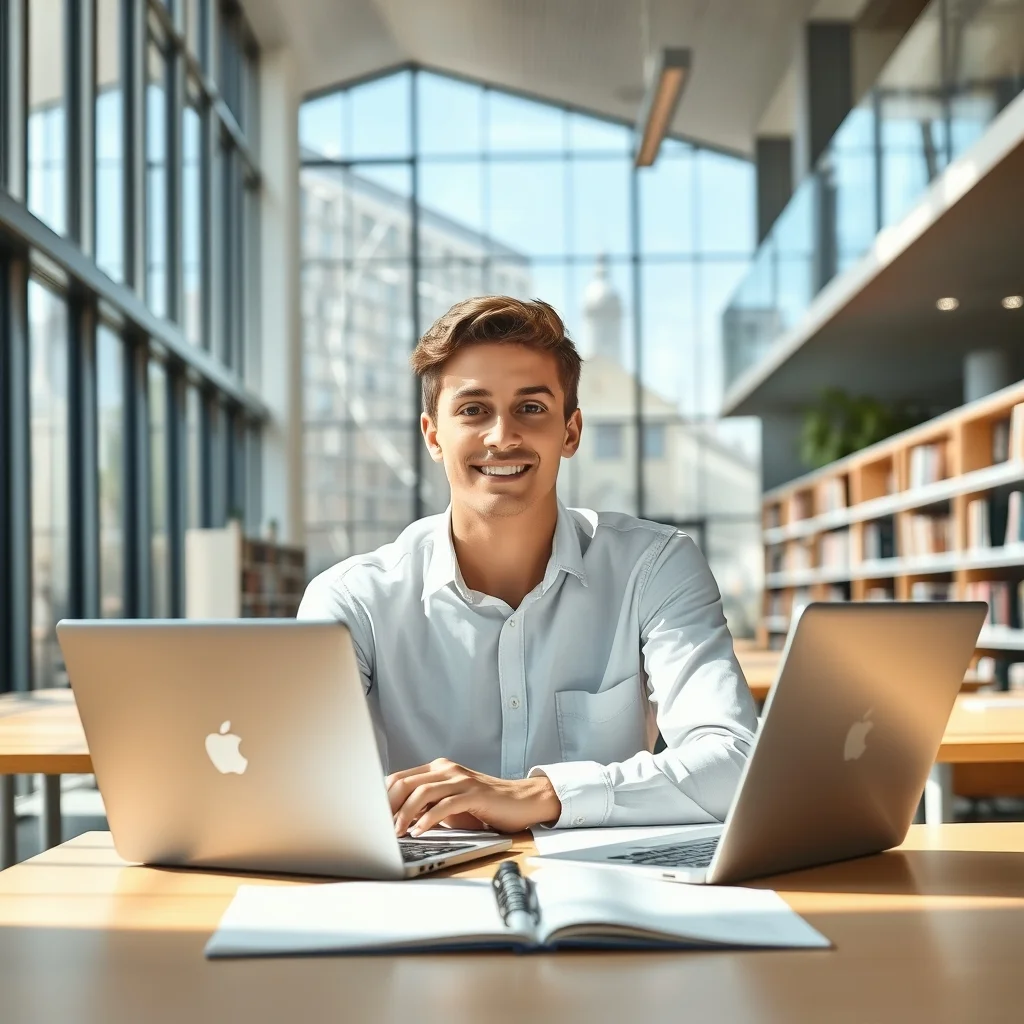 Almanya üniversite eğitimi için kütüphanede laptop ve kitaplarla dil sınavına çalışan bir öğrenci.