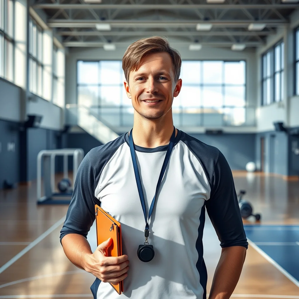 Almanya'da modern bir spor salonunda düdük çalan beden eğitimi öğretmeni maaş ve gelir detaylarını inceliyor.