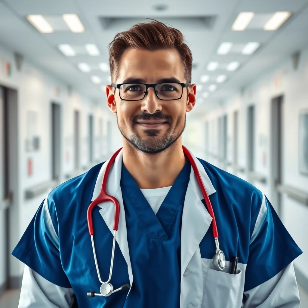 Modern Alman hastanesinde duran stetoskoplu hekim, Almanya'da çalışan uzman doktor kazancı konusunu simgeliyor.
