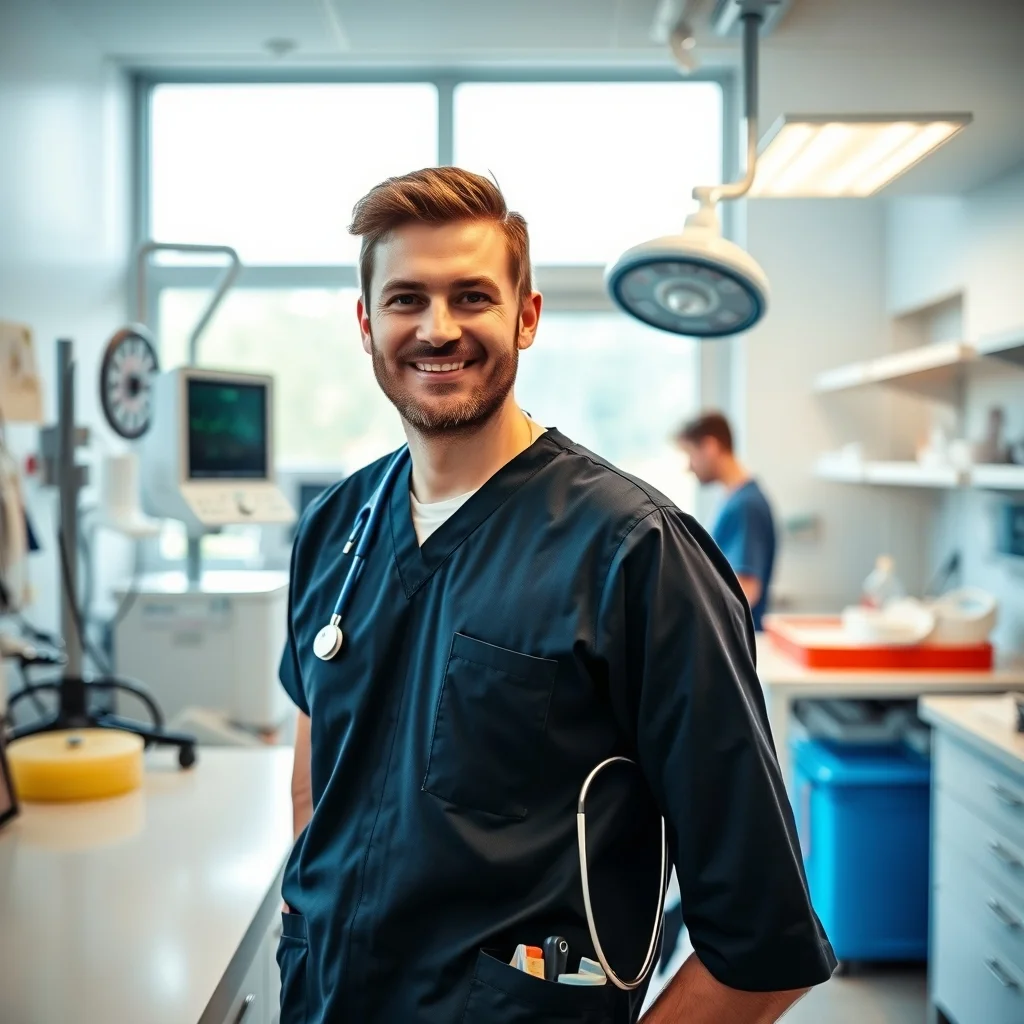 Almanya'da çalışan uzman veteriner hekim modern klinikte bir evcil hayvanı muayene ediyor.