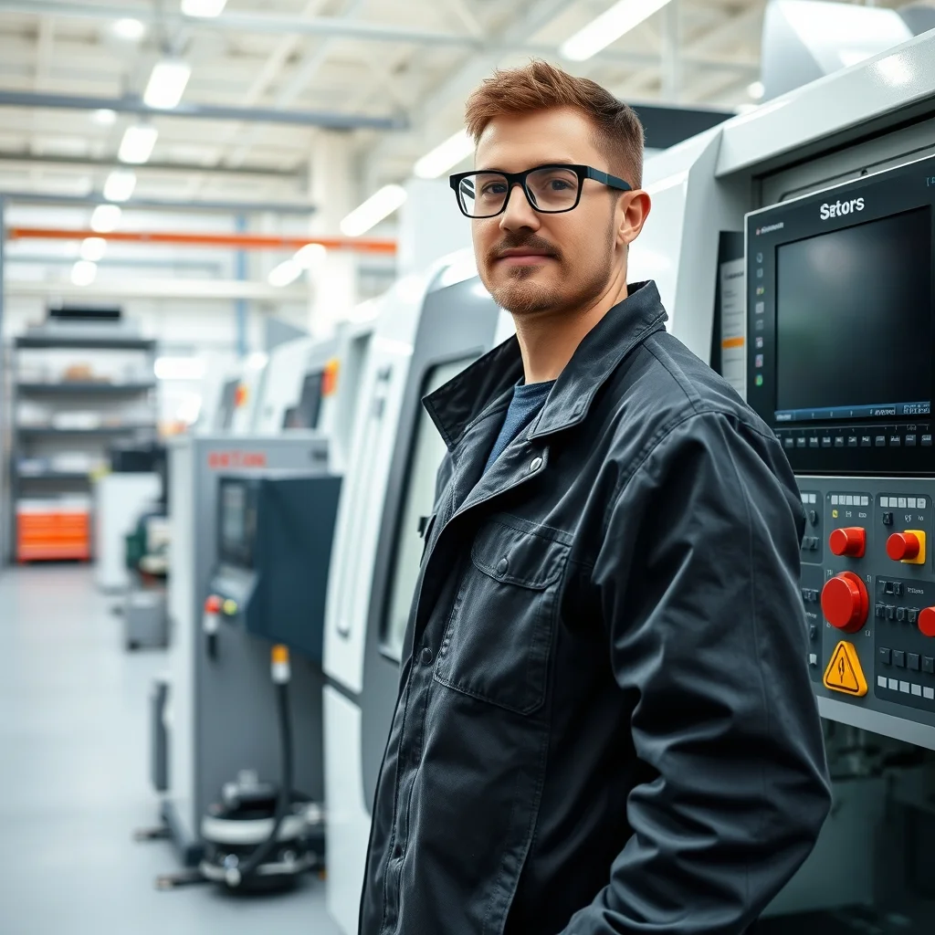 Almanya'da modern bir fabrikada CNC operatörü hassas metal parçayı kontrol panelinden işliyor.
