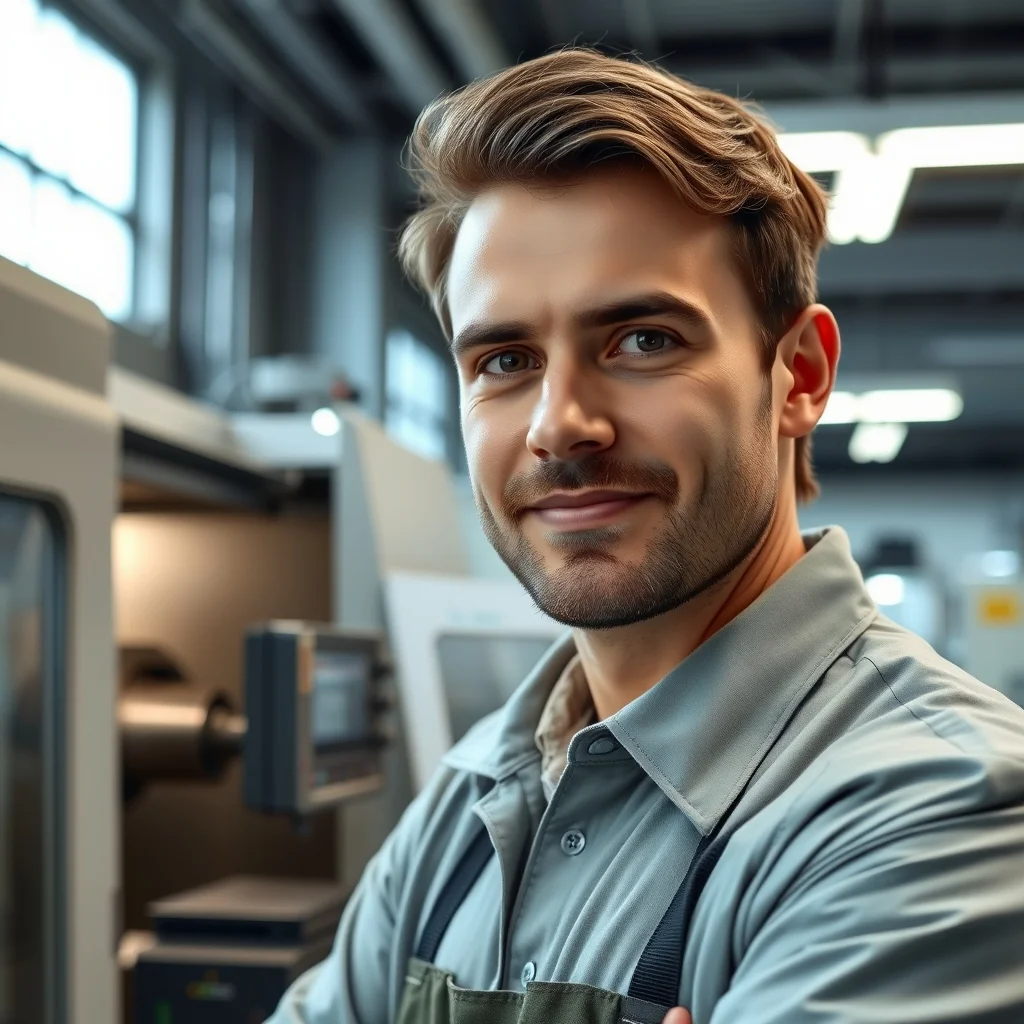 Almanya'da modern bir fabrikada kontrol panelini ayarlayan deneyimli CNC operatörü ve sanayi üretim ortamı.