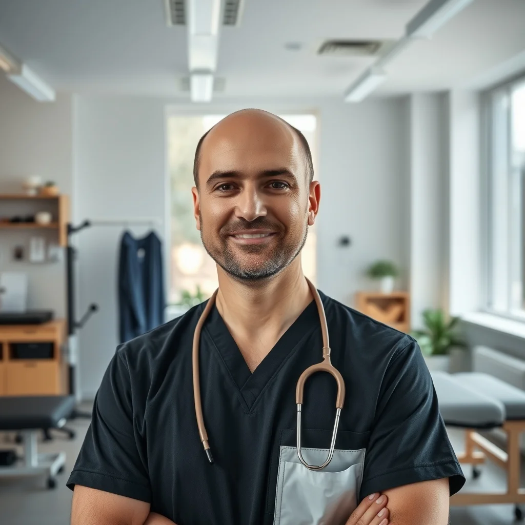 Modern bir klinikte hastasına fizik tedavi uygulayan ve Almanya'da fizyoterapist olarak çalışan bir uzman.
