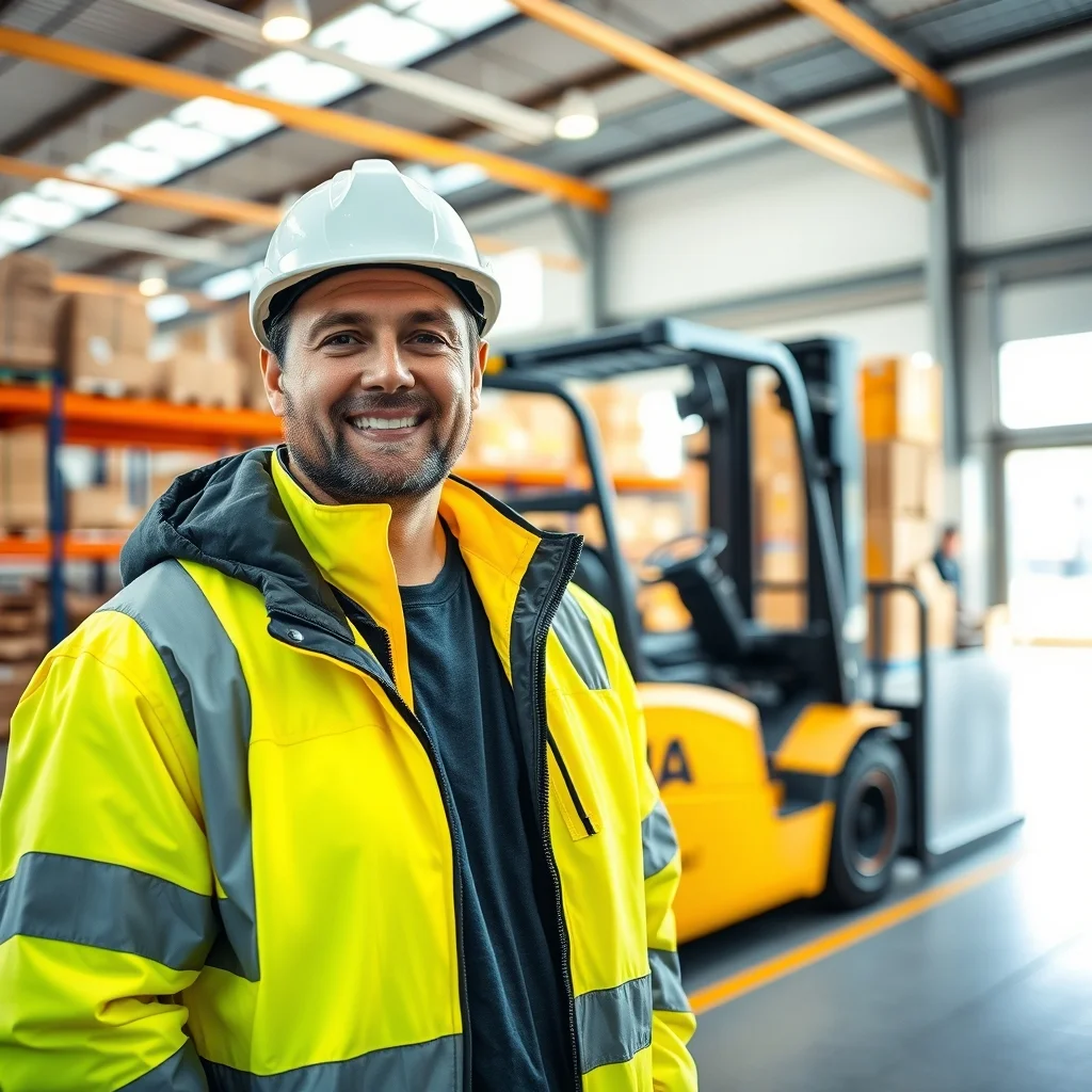 Almanya'da modern bir depoda forklift operatörü sarı iş makinesiyle paletli yükleri taşıyor.