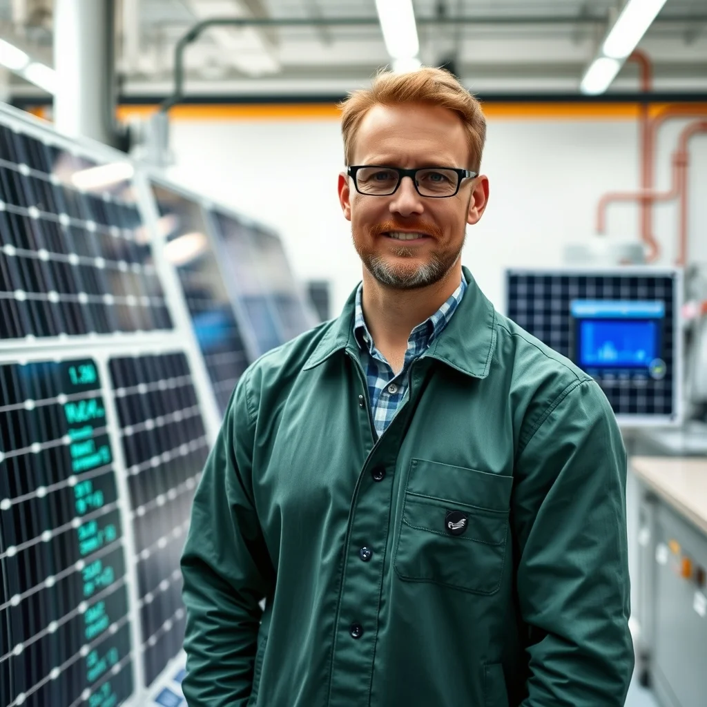 Almanya'da güneş enerjisi mühendisi santral sahasında panelleri incelerken modern yeşil enerji vizyonunu yansıtıyor.