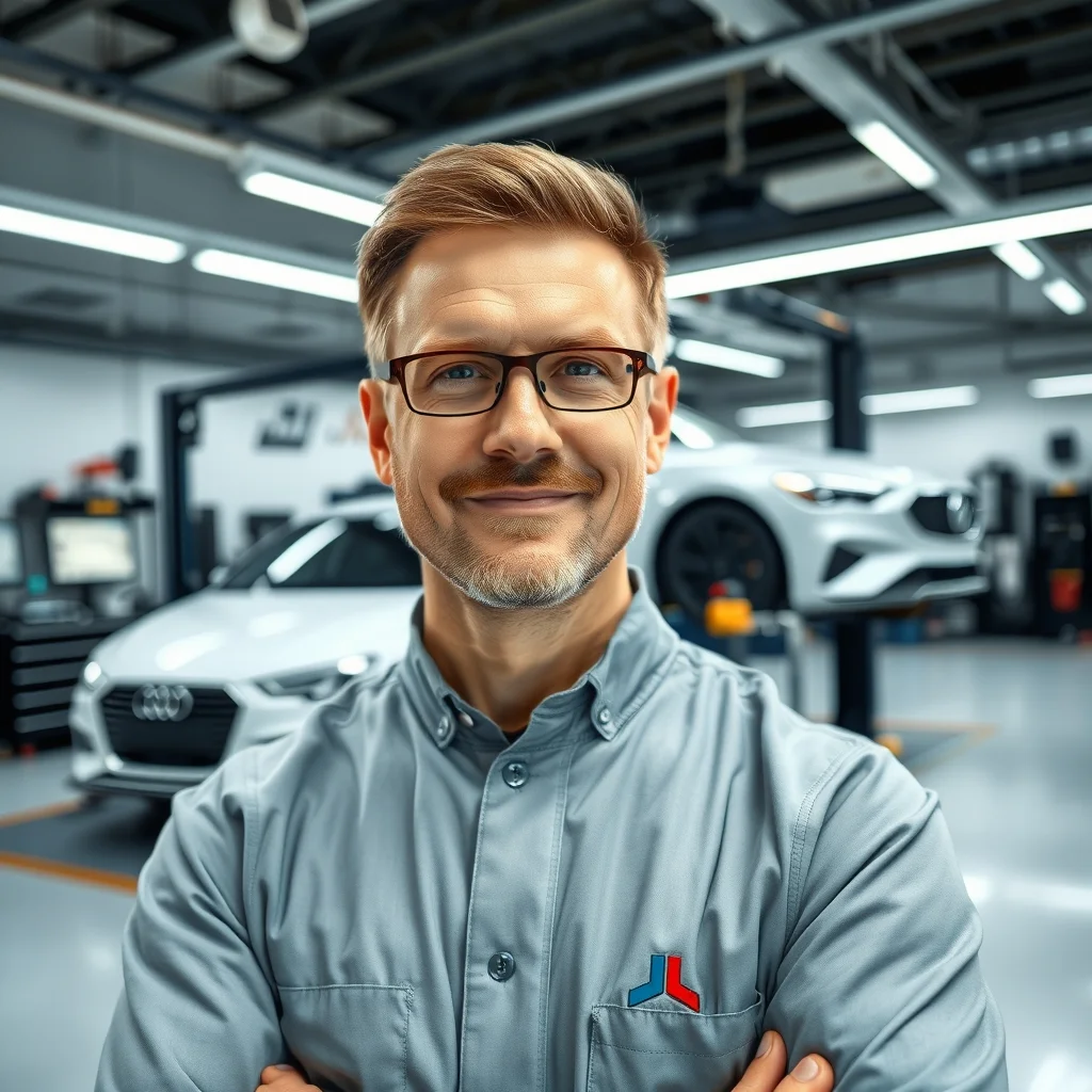 Almanya'da modern bir otomotiv servisinde araç motorunu teşhis cihazıyla kontrol eden uzman tamircisi.