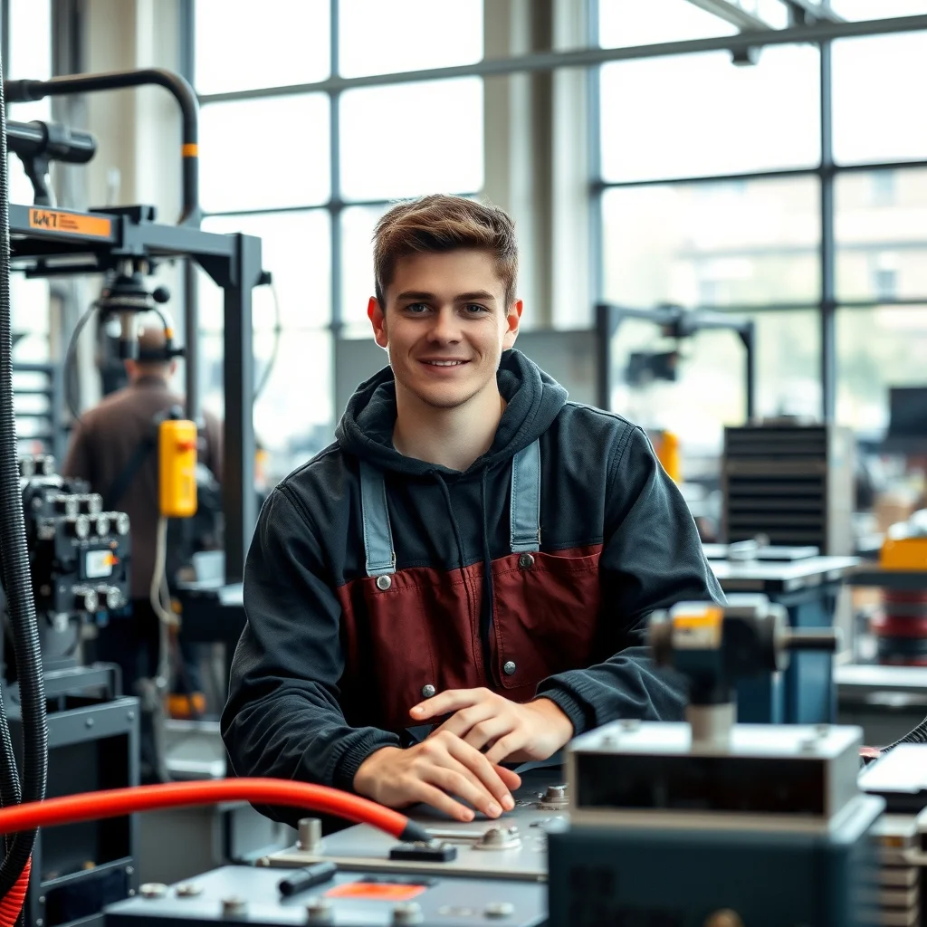 Hamburg'da ausbildung eğitimi alan genç bir profesyonel liman manzarasında dizüstü bilgisayarıyla çalışıyor.