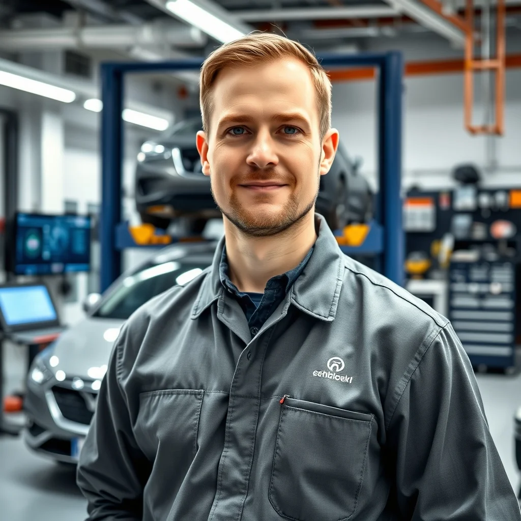 Almanya'daki modern bir otobakım servisinde lüks otomobilin motorunu kontrol eden uzman oto mekanikeri.