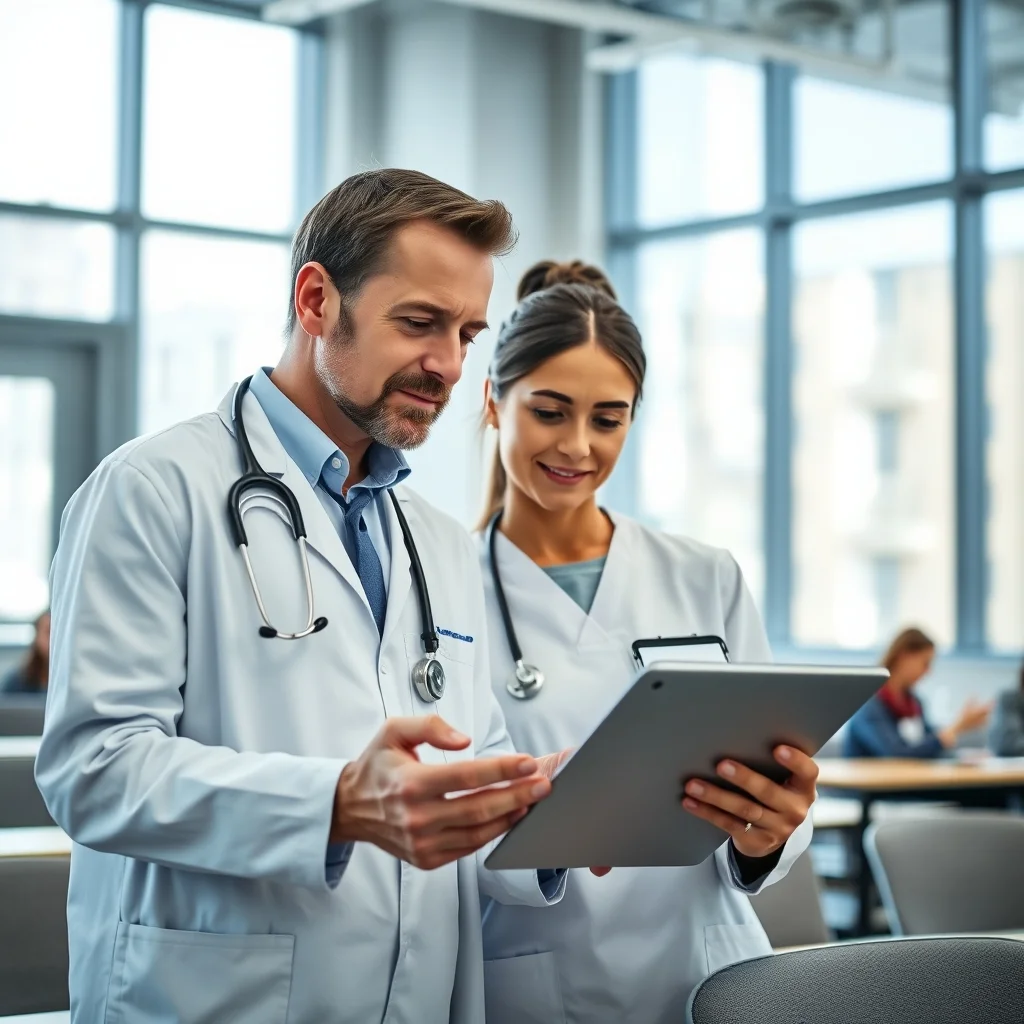 Stetoskoplu kadın doktor klinikte defterine tıbbi terimler yazarak mesleki Almanca çalışıyor.