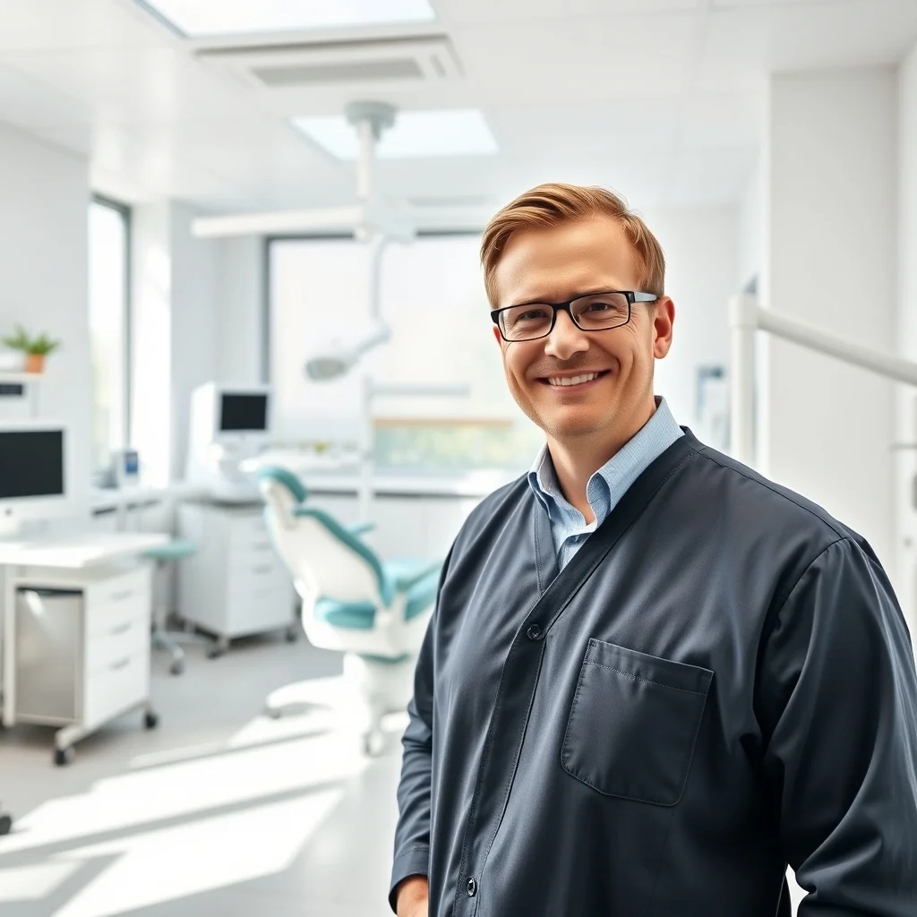 Aachen'da modern bir klinikte hasta muayene eden güler yüzlü bir diş hekimi ve dental ekipmanlar.