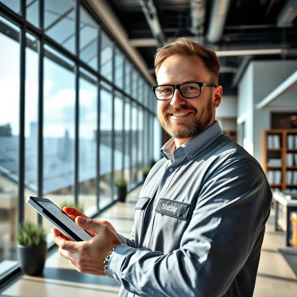 Almanya güneş enerjisi uzmanı çatıdaki panelleri dijital tablet ile kontrol ederek inceleme yapıyor.