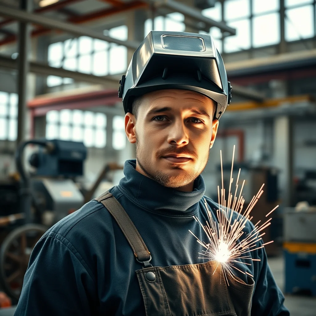 Almanya sanayi sektöründe fabrika ortamında kıvılcımlar arasında metal kaynağı yapan koruyucu maskeli bir kaynakçı usta.