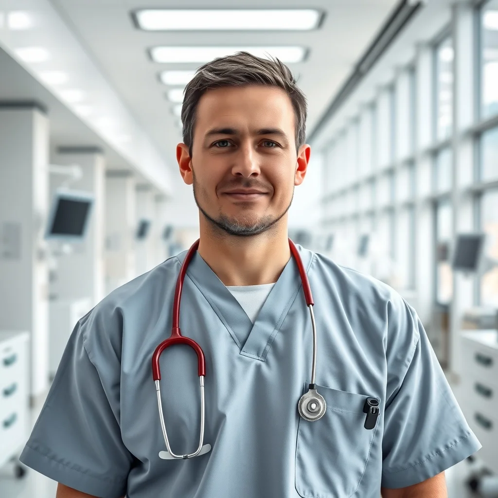 Modern bir ameliyathanede duran doktor, Almanya'da cerrah maaşları uzmanlığa göre nasıl değişir konusunu simgeliyor.