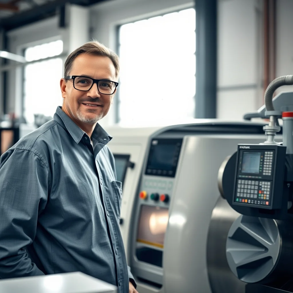 Almanya'da modern fabrikada CNC torna makinesini hassasiyetle yöneten uzman bir operatör.