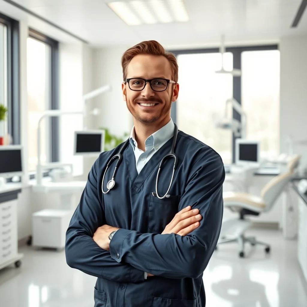 Almanya'da modern klinikte hasta muayenesi yapan uzman diş hekimi ve gelişmiş medikal ekipmanlar.