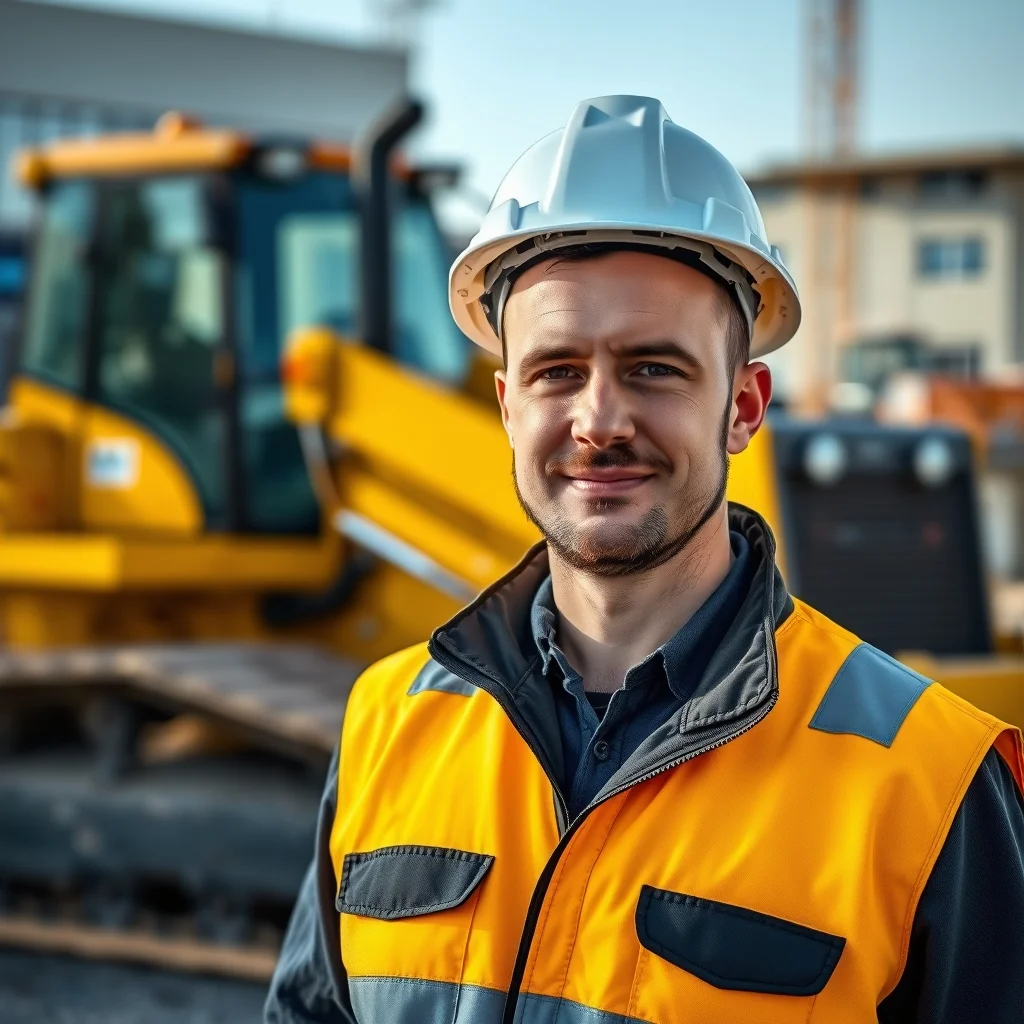 Almanya'da modern bir şantiyede dozer operatörü direksiyon başında kazı çalışması yapıyor.