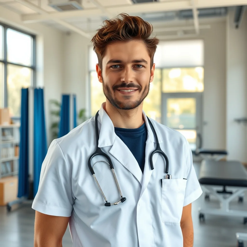 Modern bir klinikte hastasına rehabilitasyon uygulayan fizyoterapist, Almanya'da fizyoterapist maaşları konusunu temsil ediyo