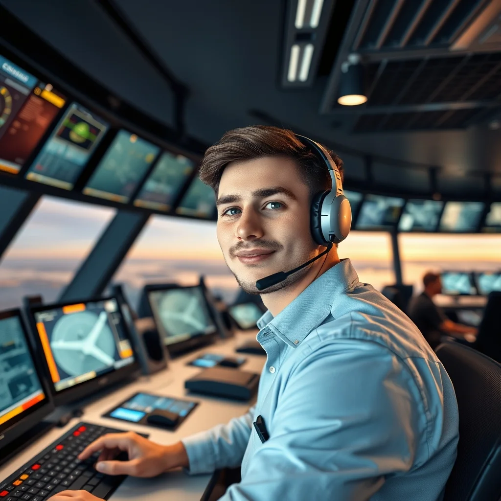 Modern kulede radar ekranını inceleyen uzman, Almanya’da hava trafik kontrolörü geliri detaylarını temsil ediyor.