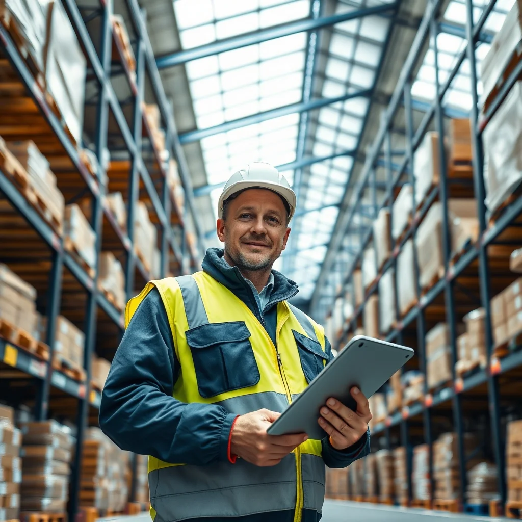 Almanya'da lojistik depo elemanı modern tesiste el terminaliyle kargo paketlerini kontrol ediyor.