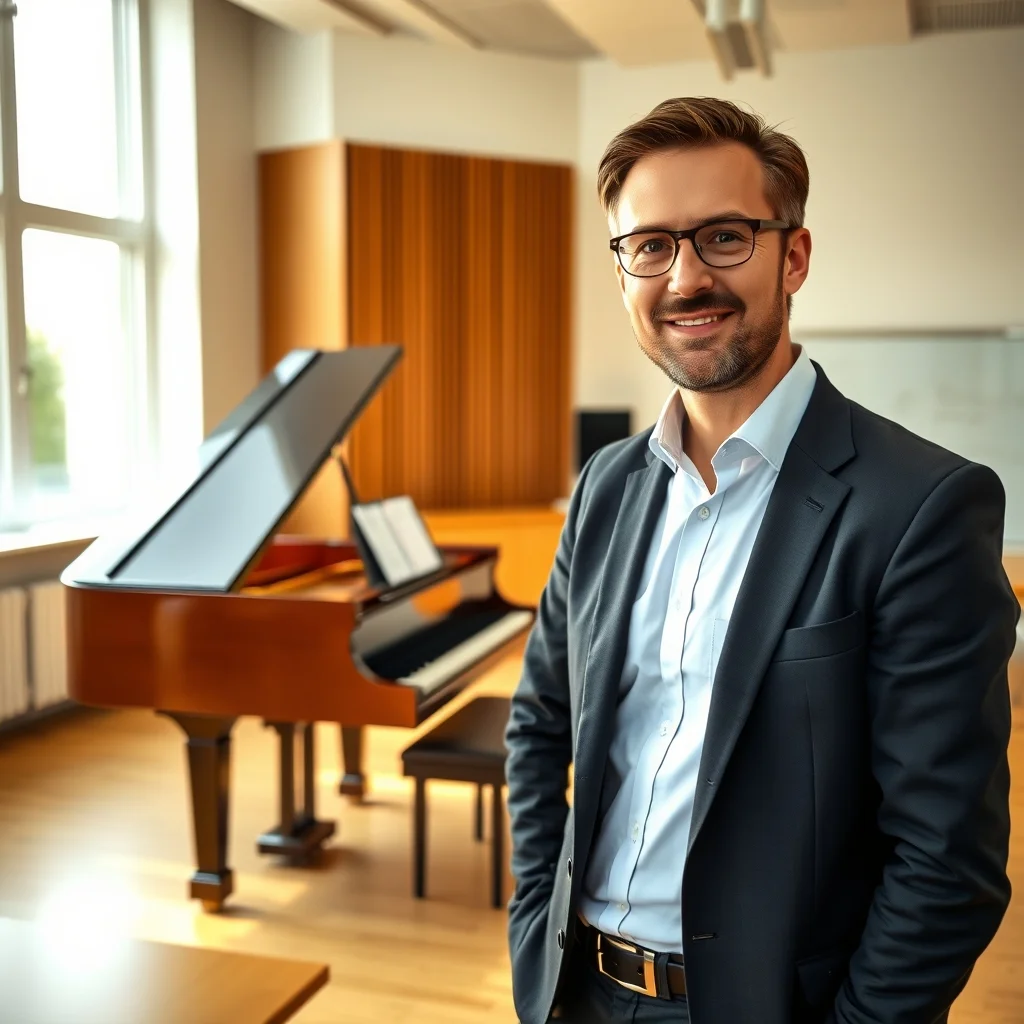 Almanya'da modern bir sınıfta piyano çalarak öğrencilerine ders veren kadın müzik öğretmeni.