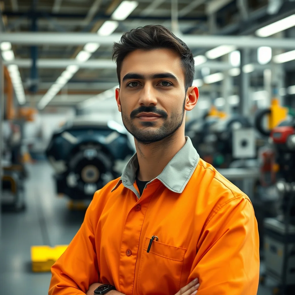 Almanya'da modern bir otomotiv fabrikasında araç montajı yapan koruyucu kıyafetli bir montaj işçisi.