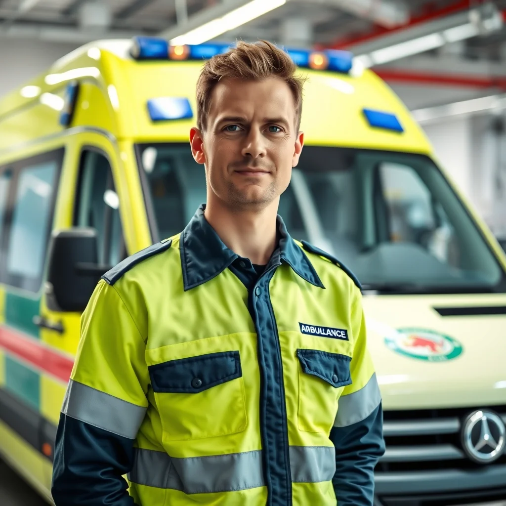 Almanya'da gece nöbetinde olan erkek paramedik ve arkasında duran sarı renkli acil yardım ambulansı.
