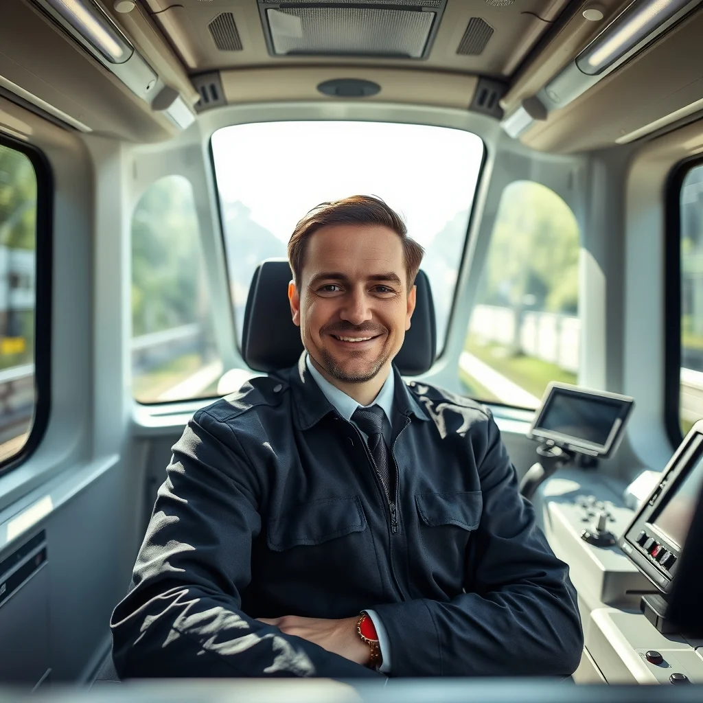 Almanya'da tren makinistlerinin kokpitte tren kullandığı ve kontrol paneline baktığı anı gösteren görsel.