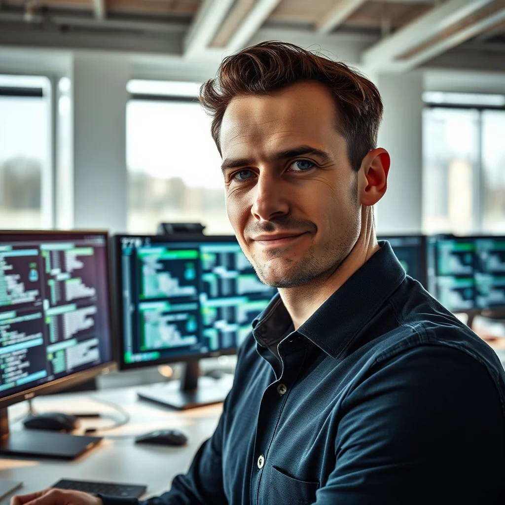 Modern ofiste sunucu verilerini inceleyen uzman, Almanya'da veritabanı yöneticisi maaşı beklentilerini simgeliyor.