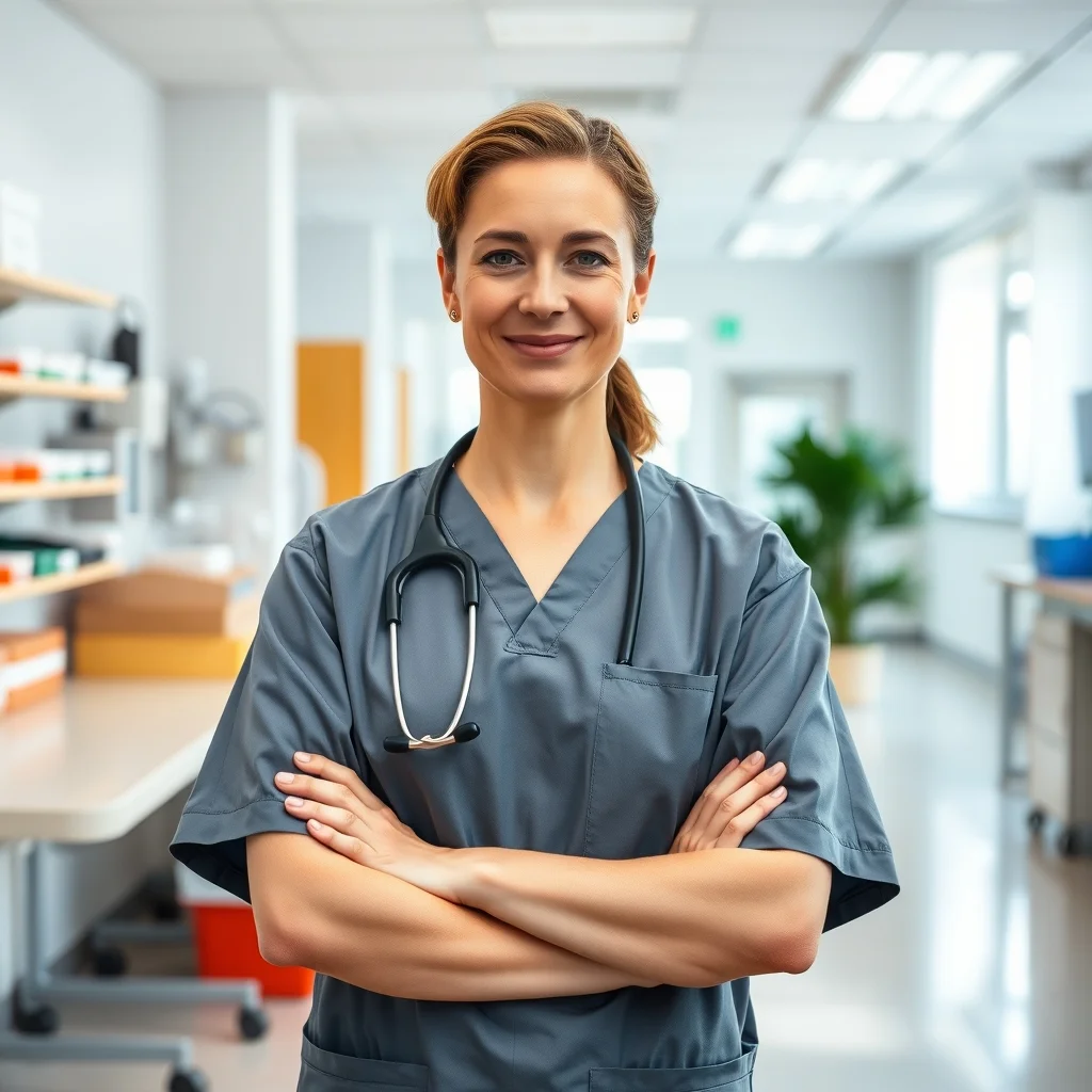 Almanya'da yaşlı bakım uzmanı modern bir klinikte yaşlı bir hastaya güler yüzle destek oluyor.