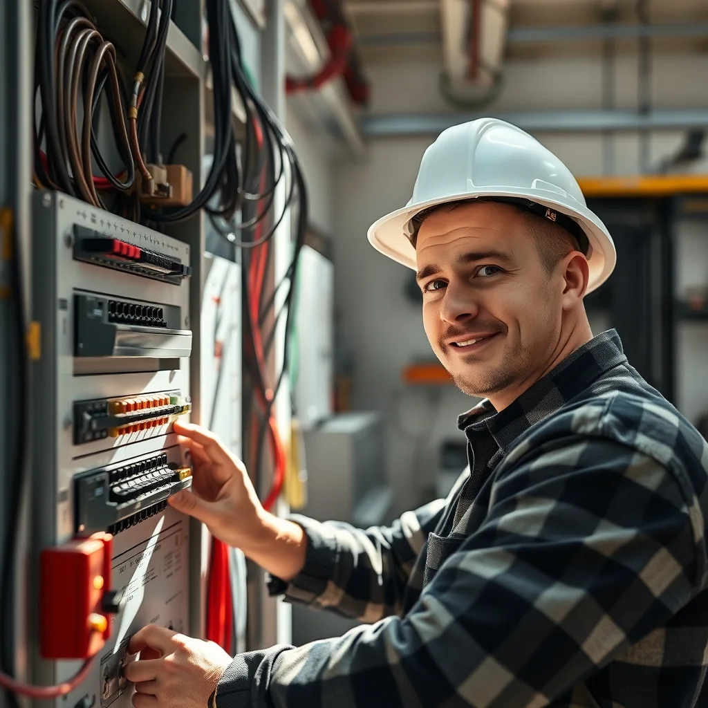 Berlin'de bir binanın elektrik panosunu tamir eden kasklı elektrik ustası ve dijital ölçüm cihazı.